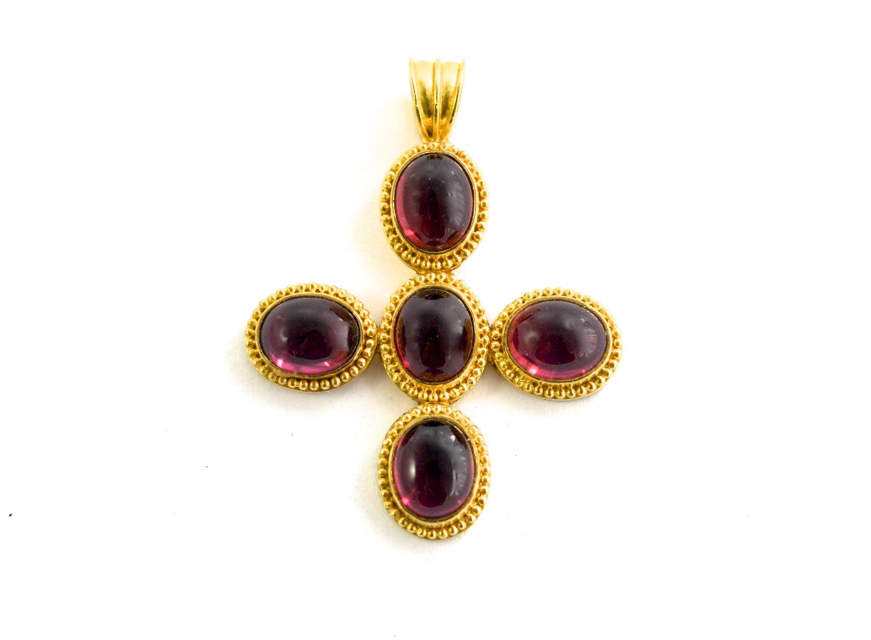 necklace  / gold 22k hand woven chain + Rhodolite cabochons pendant