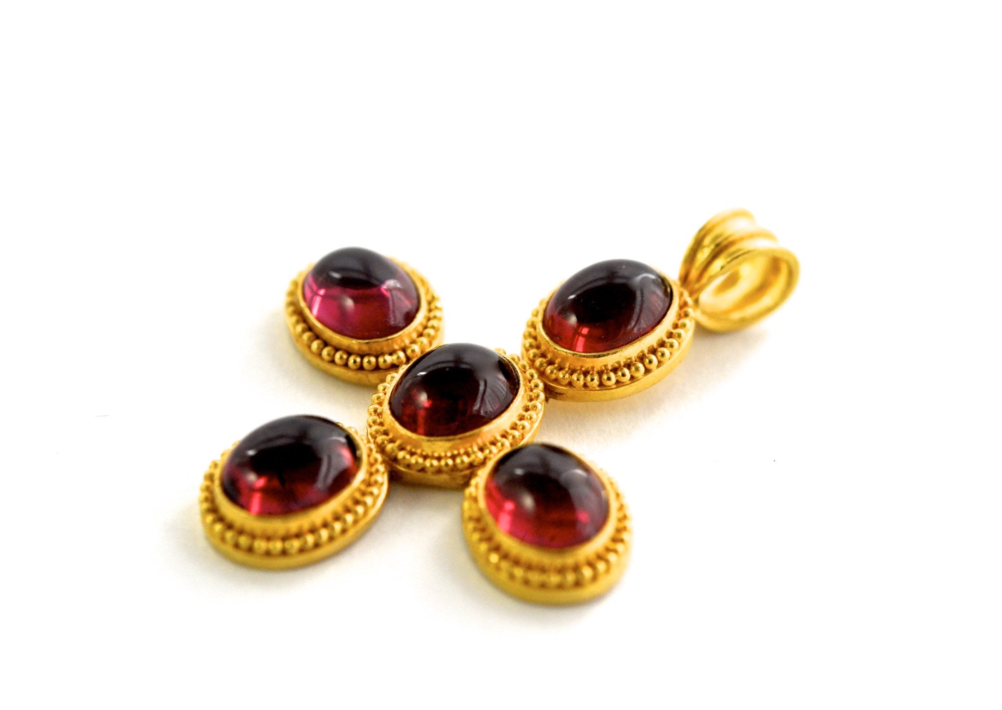necklace / gold 22k hand woven chain + Rhodolite cabochons pendant