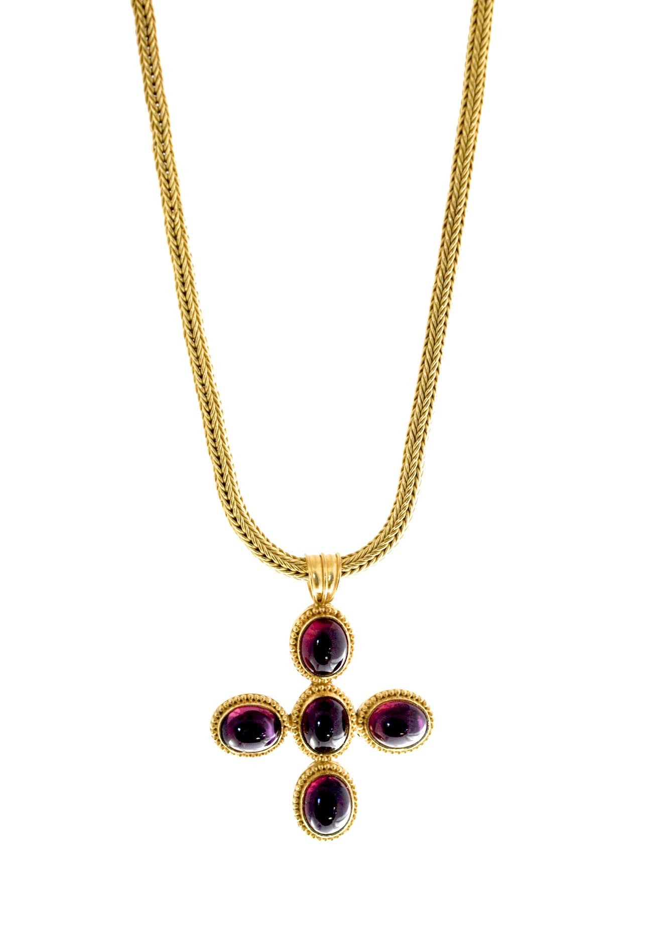 necklace / gold 22k hand woven chain + Rhodolite cabochons pendant