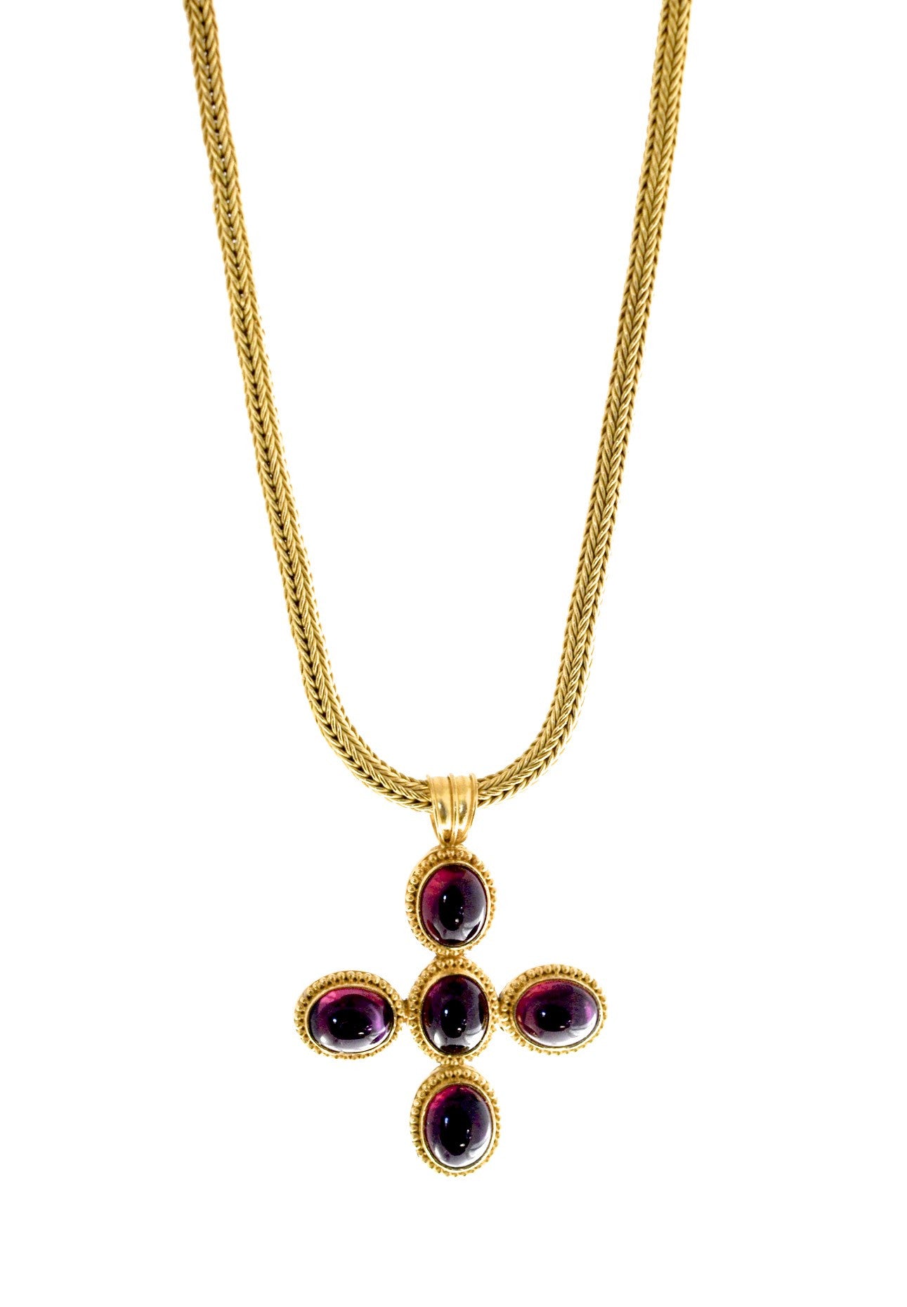 necklace  / gold 22k hand woven chain + Rhodolite cabochons pendant