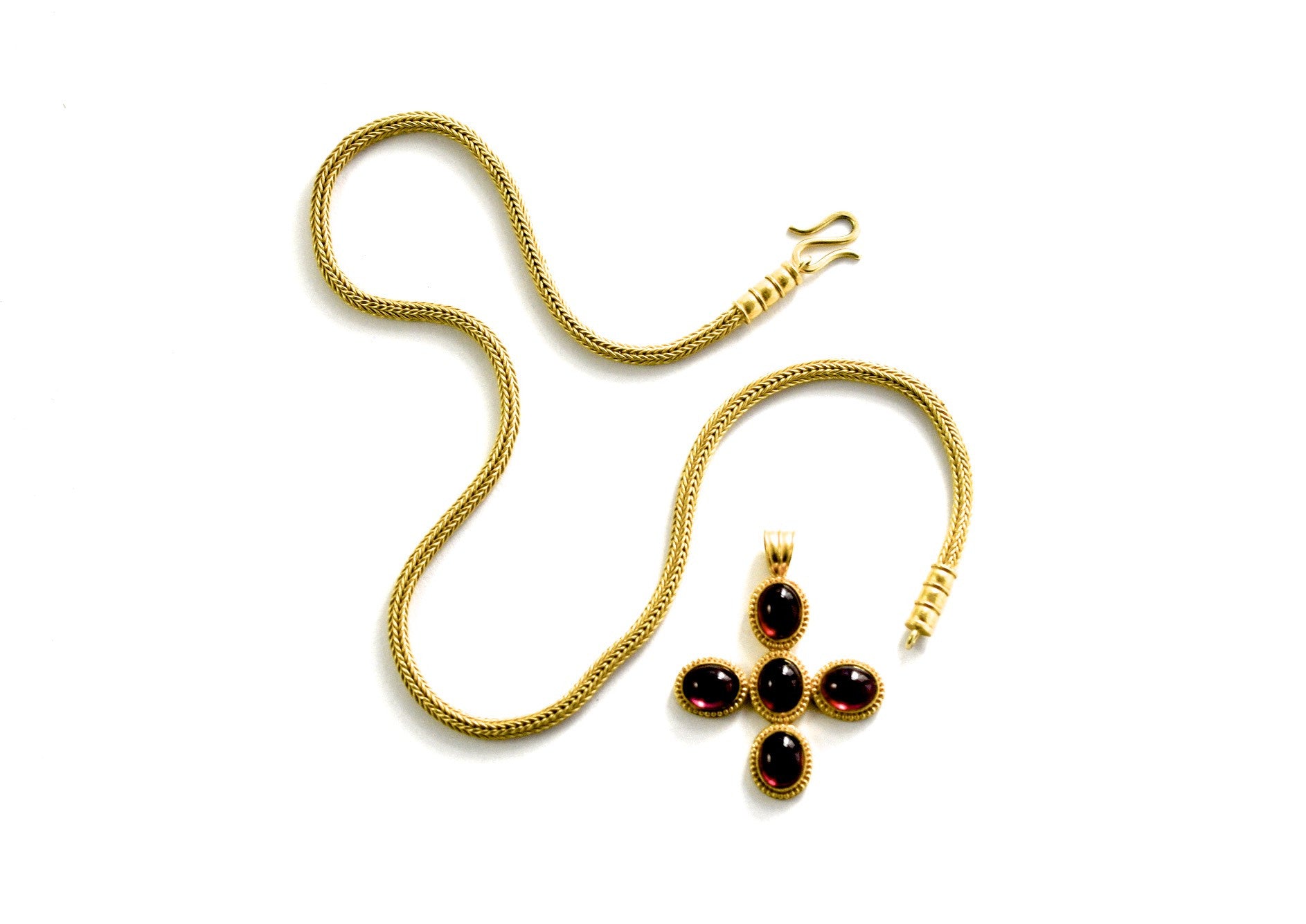 necklace / gold 22k hand woven chain + Rhodolite cabochons pendant