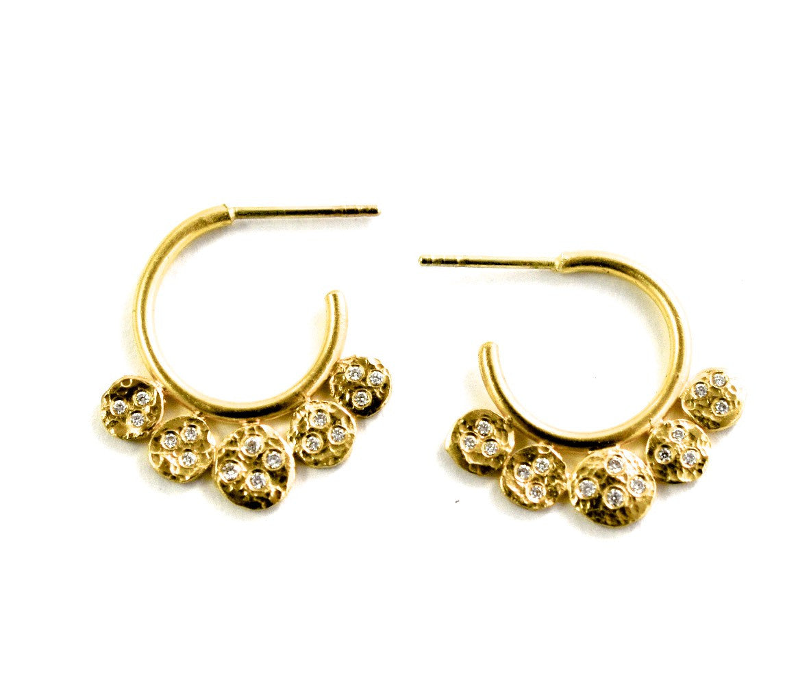 earrings / gold hammered  22k + diamonds hoops