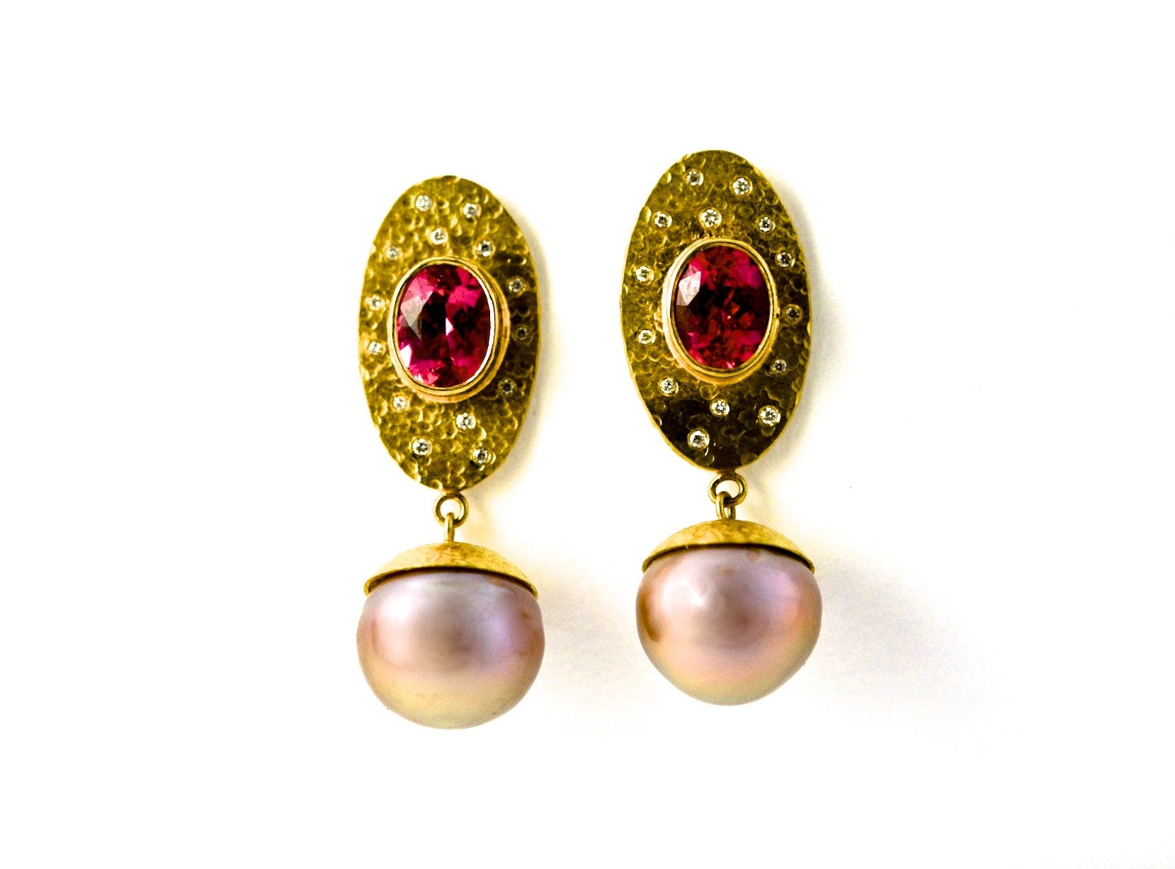 earrings / gold hammered 22k + rubelite + pearls + diamonds