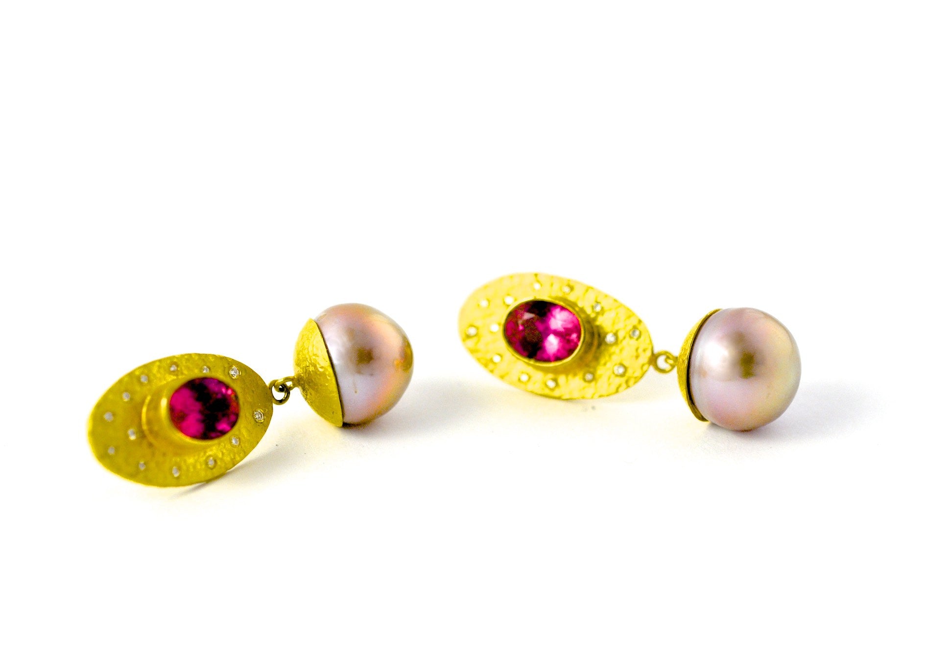 earrings / gold hammered 22k + rubelite + pearls + diamonds