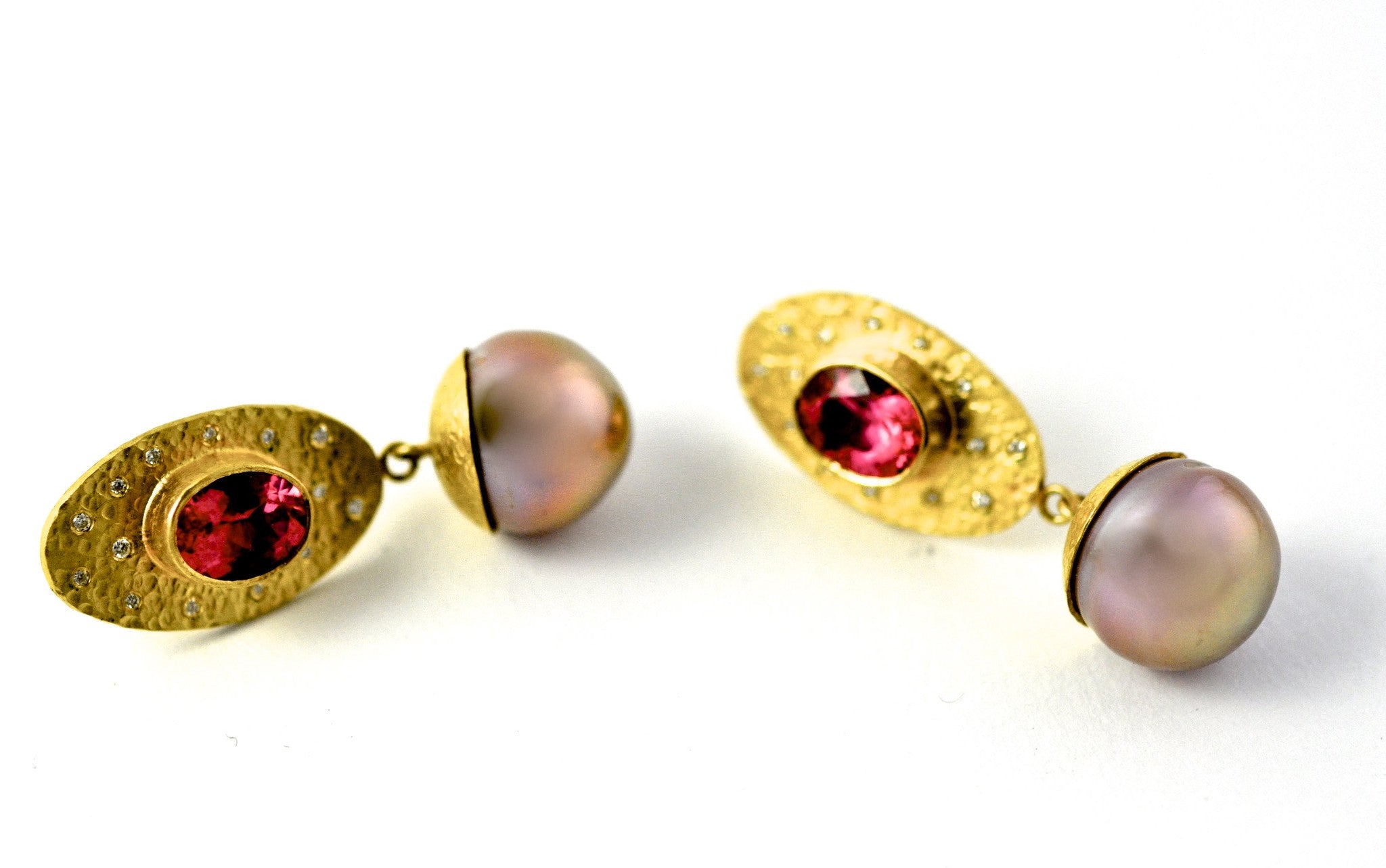 earrings / gold hammered 22k + rubelite + pearls + diamonds