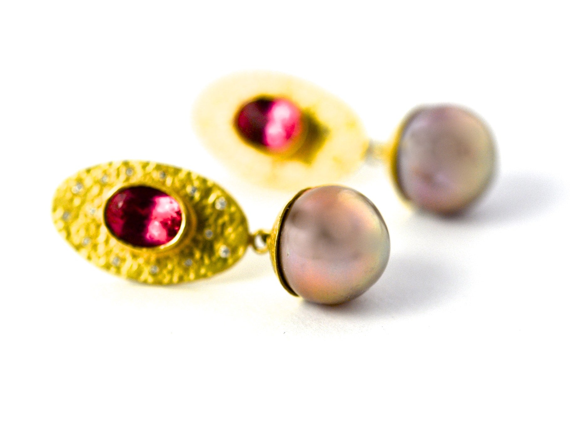 earrings / gold hammered 22k + rubelite + pearls + diamonds