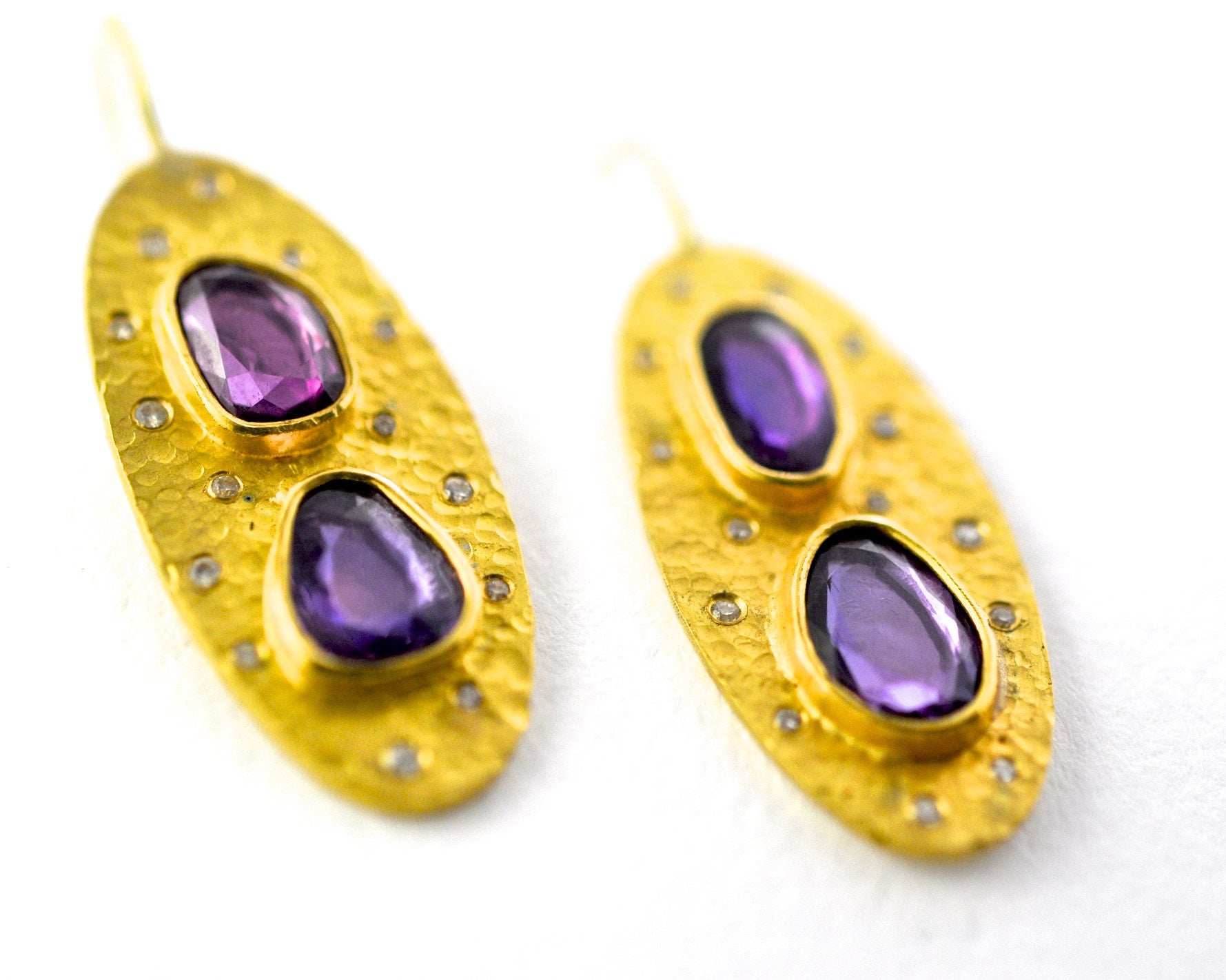 earrings / gold hammered 22k + rose cut sapphires