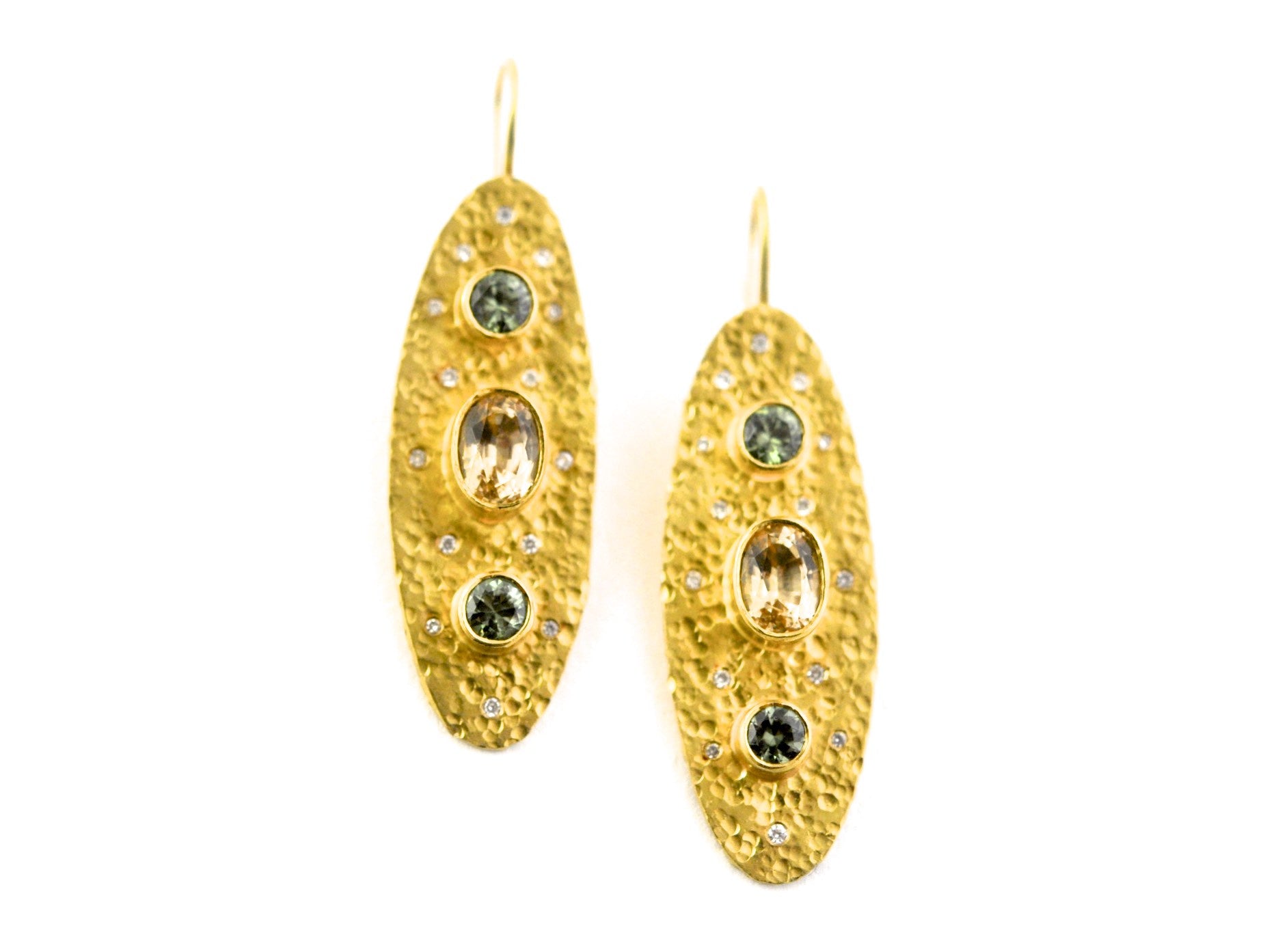 earrings / gold hammered 22k + Demantoid Garnets + Topaz + Diamonds