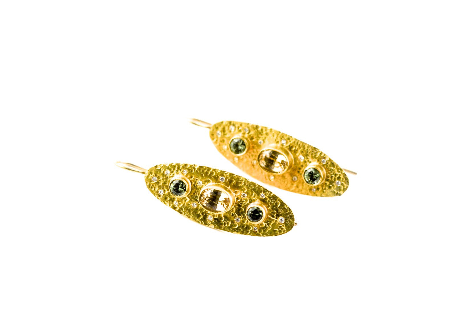 earrings / gold hammered 22k + Demantoid Garnets + Topaz + Diamonds