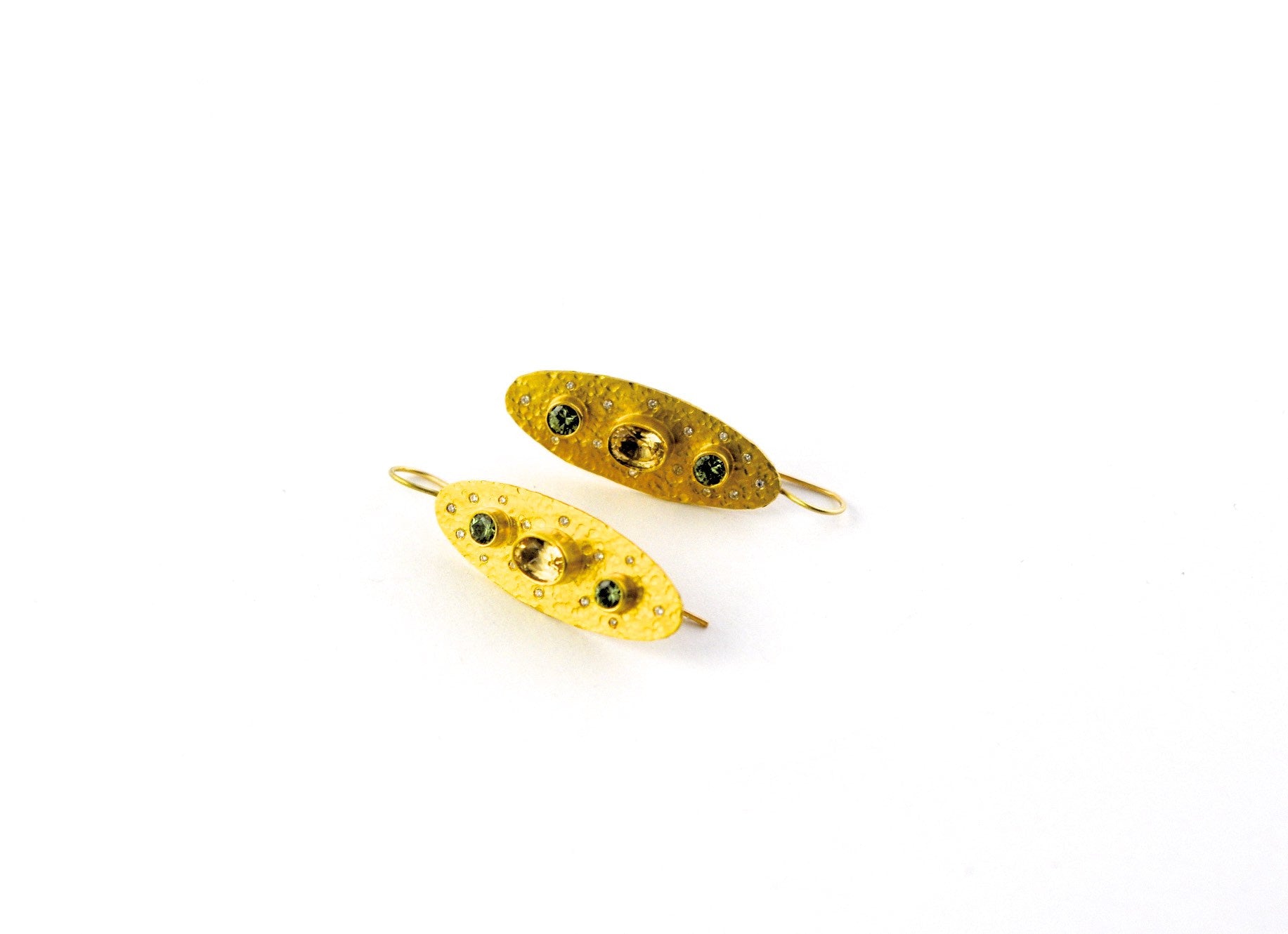 earrings / gold hammered 22k + Demantoid Garnets + Topaz + Diamonds