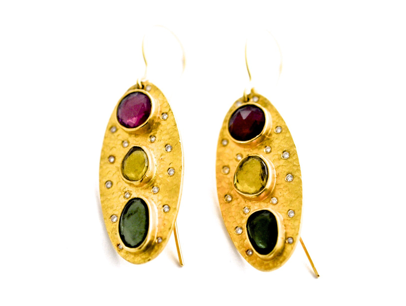 earrings / gold hammered 22k + tourmalines + diamonds