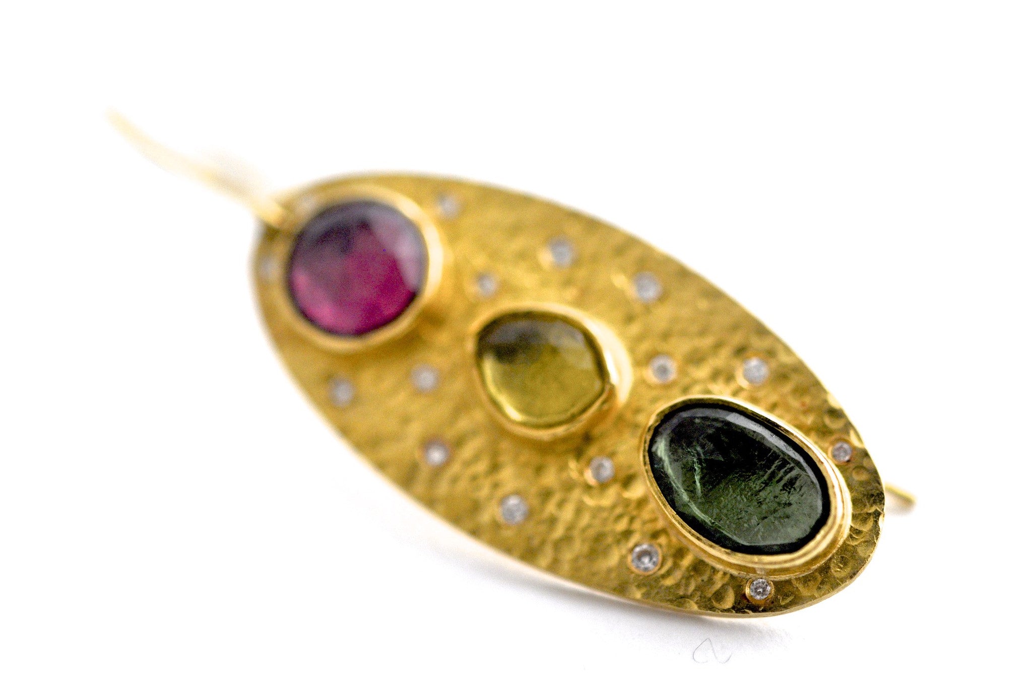 earrings / gold hammered 22k + tourmalines + diamonds