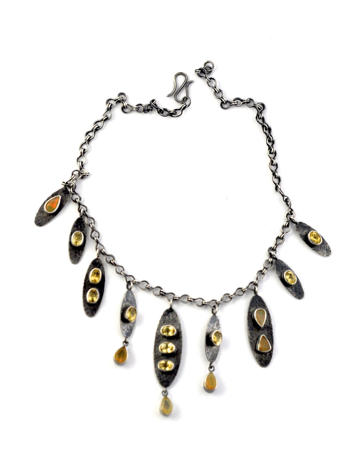 necklace / silver oxidized + Opals + Yellow Beryl
