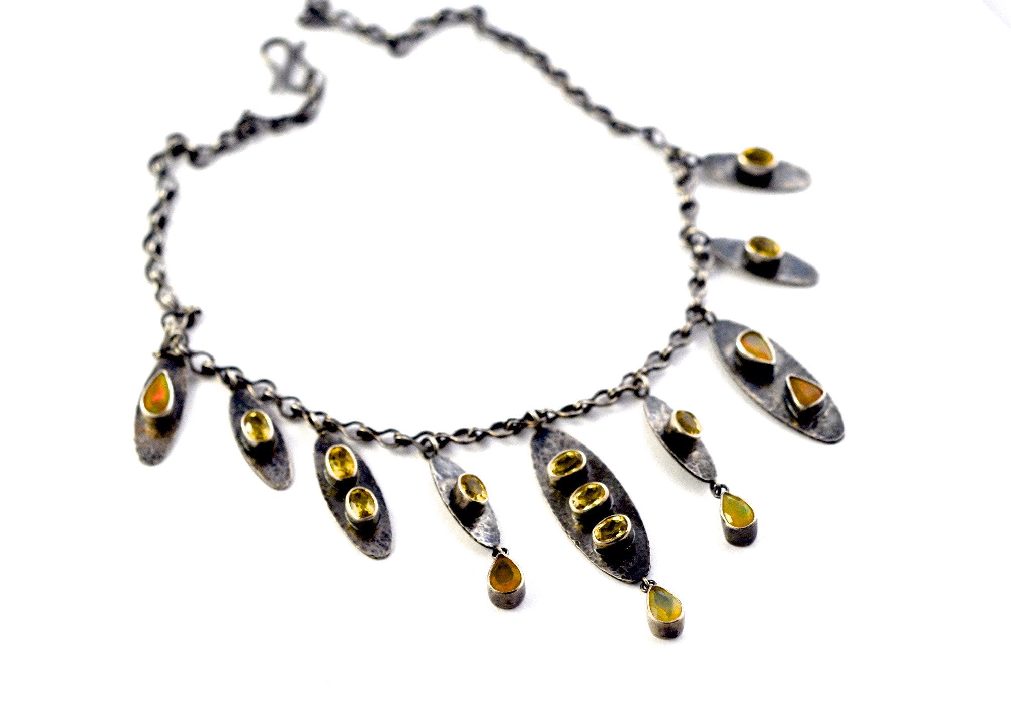 necklace / silver oxidized + Opals + Yellow Beryl