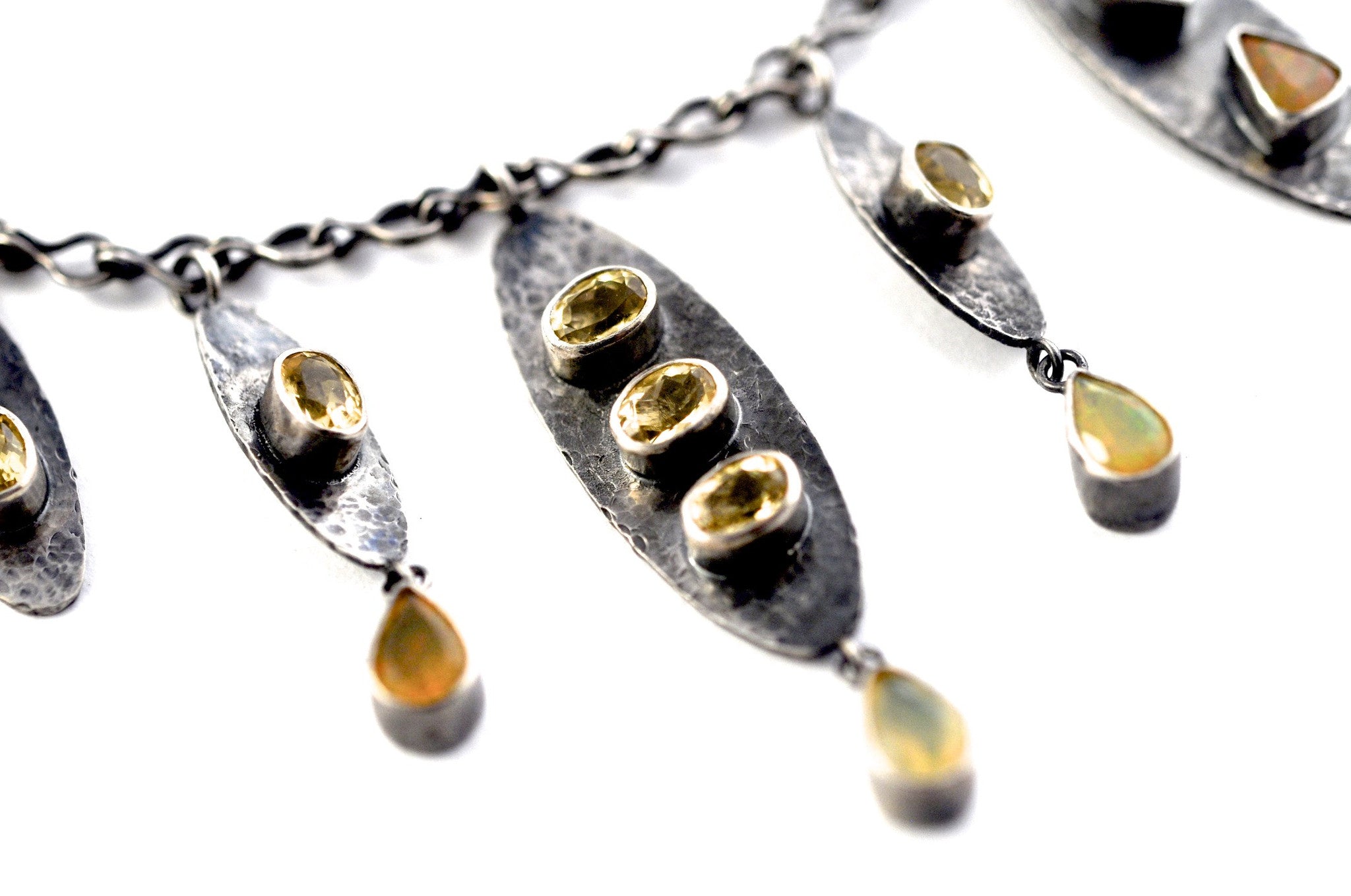 necklace / silver oxidized + Opals + Yellow Beryl