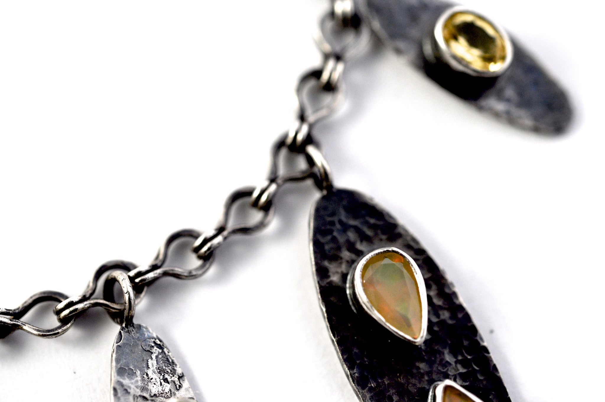 necklace / silver oxidized + Opals + Yellow Beryl