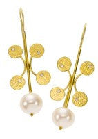 earrings / gold hammered 22k discs + diamonds + pearls