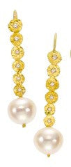 earrings / gold hammered + diamonds + pearl drops