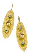 earrings / gold hammered 22k + Demantoid Garnets + Topaz + Diamonds