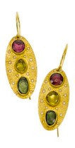 earrings / gold hammered 22k + tourmalines + diamonds