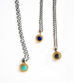 necklace / gold 22k bezel set + cabochon gemstone pendant + oxidized silver chain