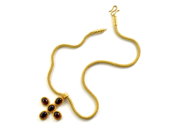 necklace  / gold 22k hand woven chain + Rhodolite cabochons pendant