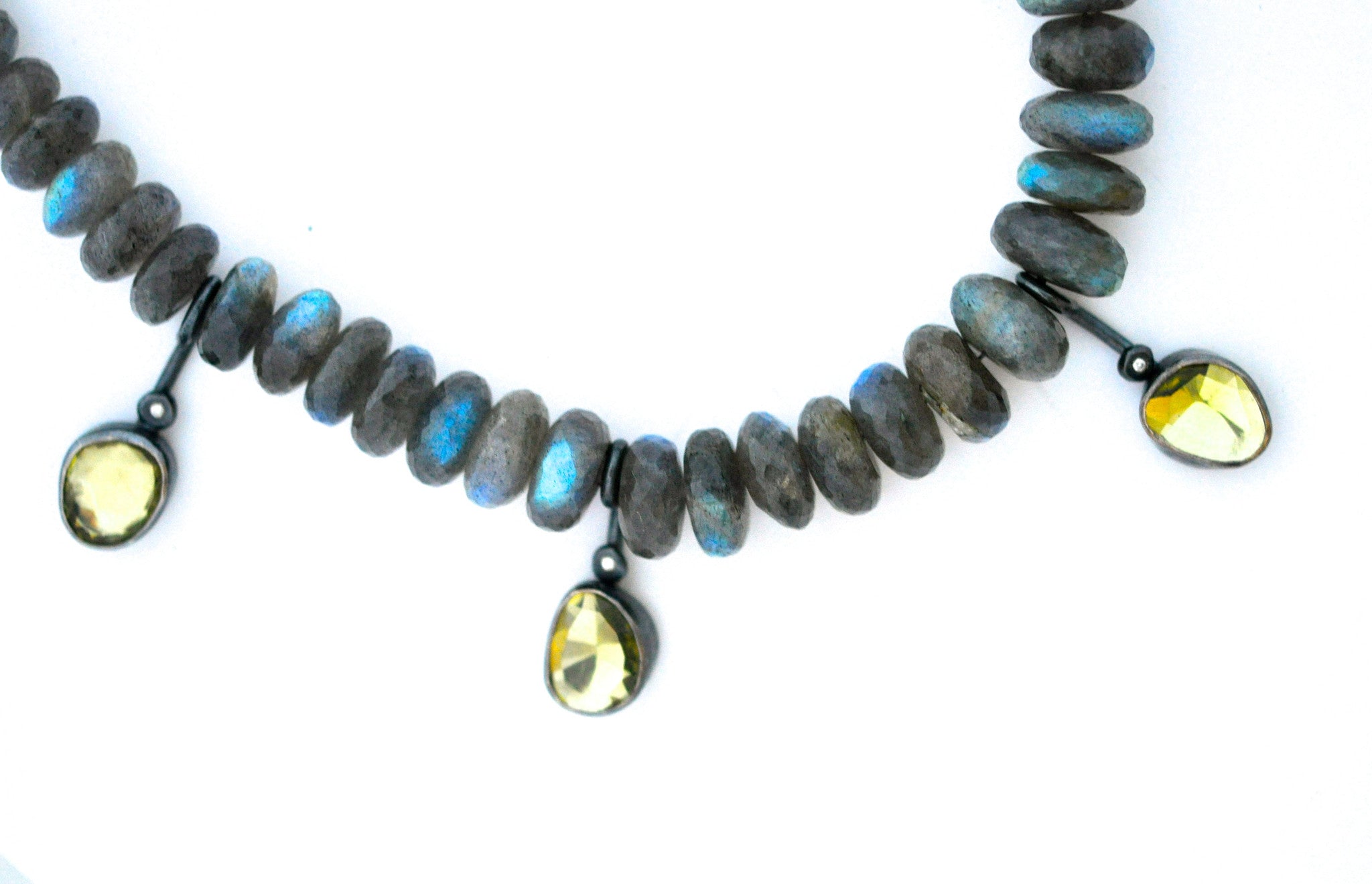 necklace / strand of labradorite with hand set rose cut citrines statement necklace
