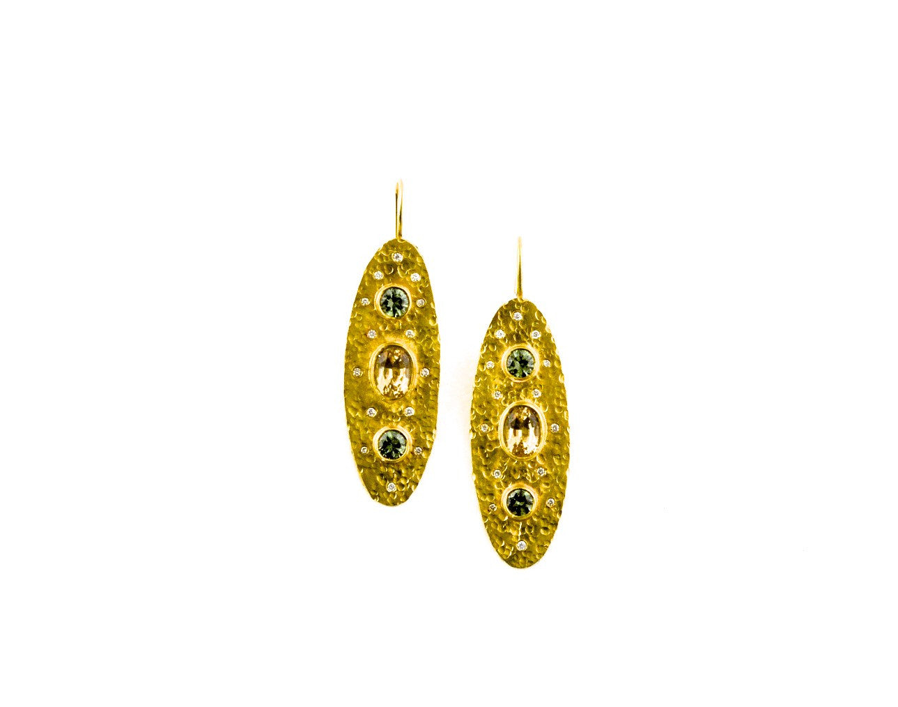 earrings / gold hammered 22k + Demantoid Garnets + Topaz + Diamonds