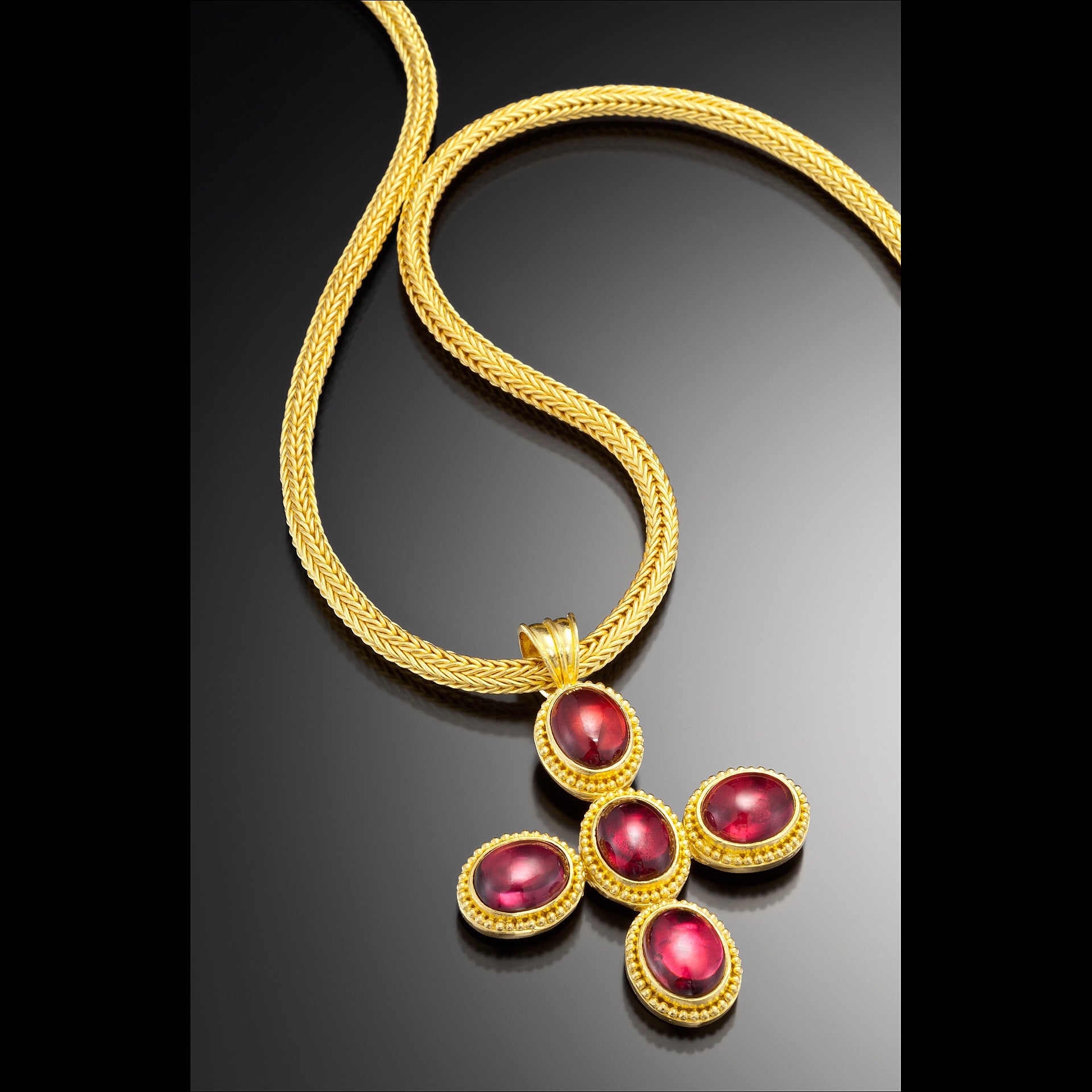 necklace  / gold 22k hand woven chain + Rhodolite cabochons pendant