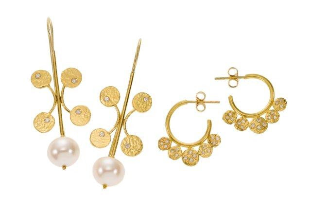 earrings / gold hammered 22k discs + diamonds + pearls