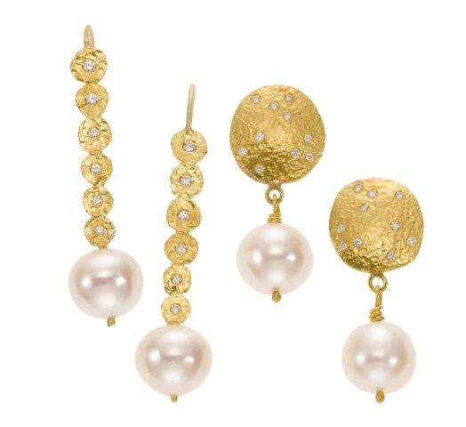 earrings / gold hammered 22k  discs + diamonds