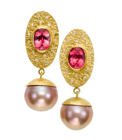 earrings / gold hammered 22k + rubelite + pearls + diamonds