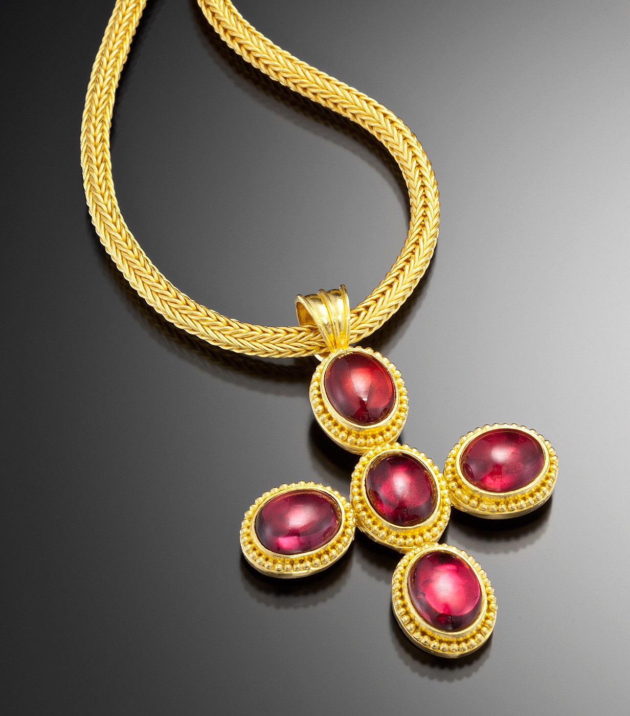 necklace  / gold 22k hand woven chain + Rhodolite cabochons pendant