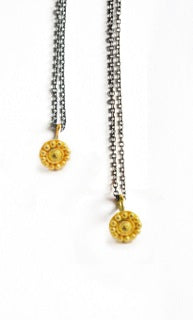 necklace / gold 22k tiny granulated rosette + oxidized silver chain