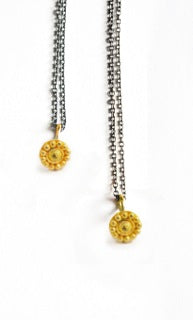 necklace / gold 22k tiny granulated rosette + oxidized silver chain