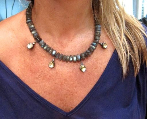 necklace / strand of labradorite with hand set rose cut citrines statement necklace