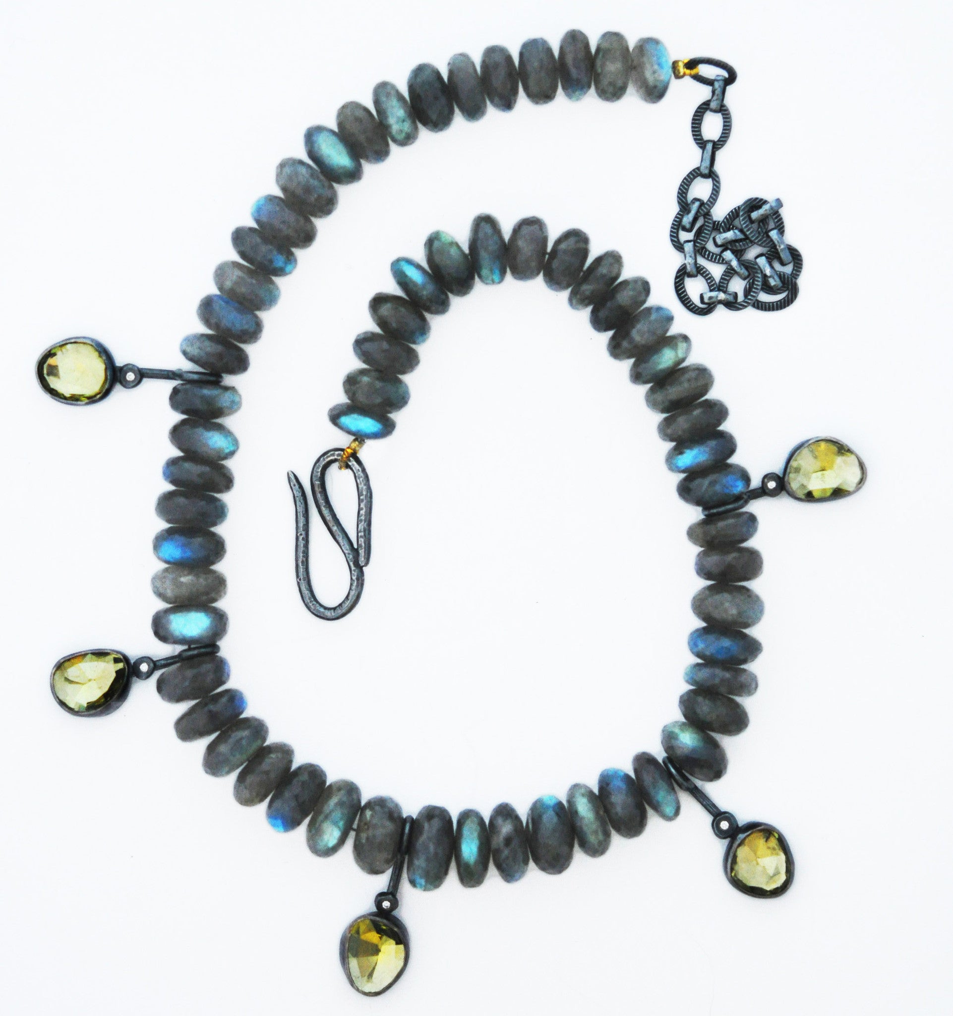 necklace / strand of labradorite with hand set rose cut citrines statement necklace